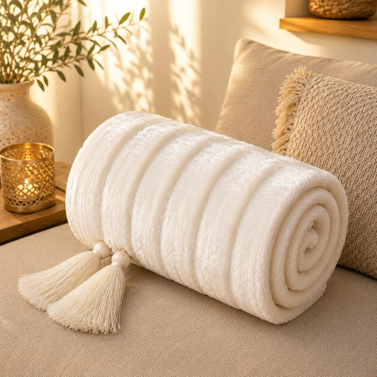 Mantón Visón blanco; Mantón Visón blanco con motivos textiles visibles y terminación decorativa