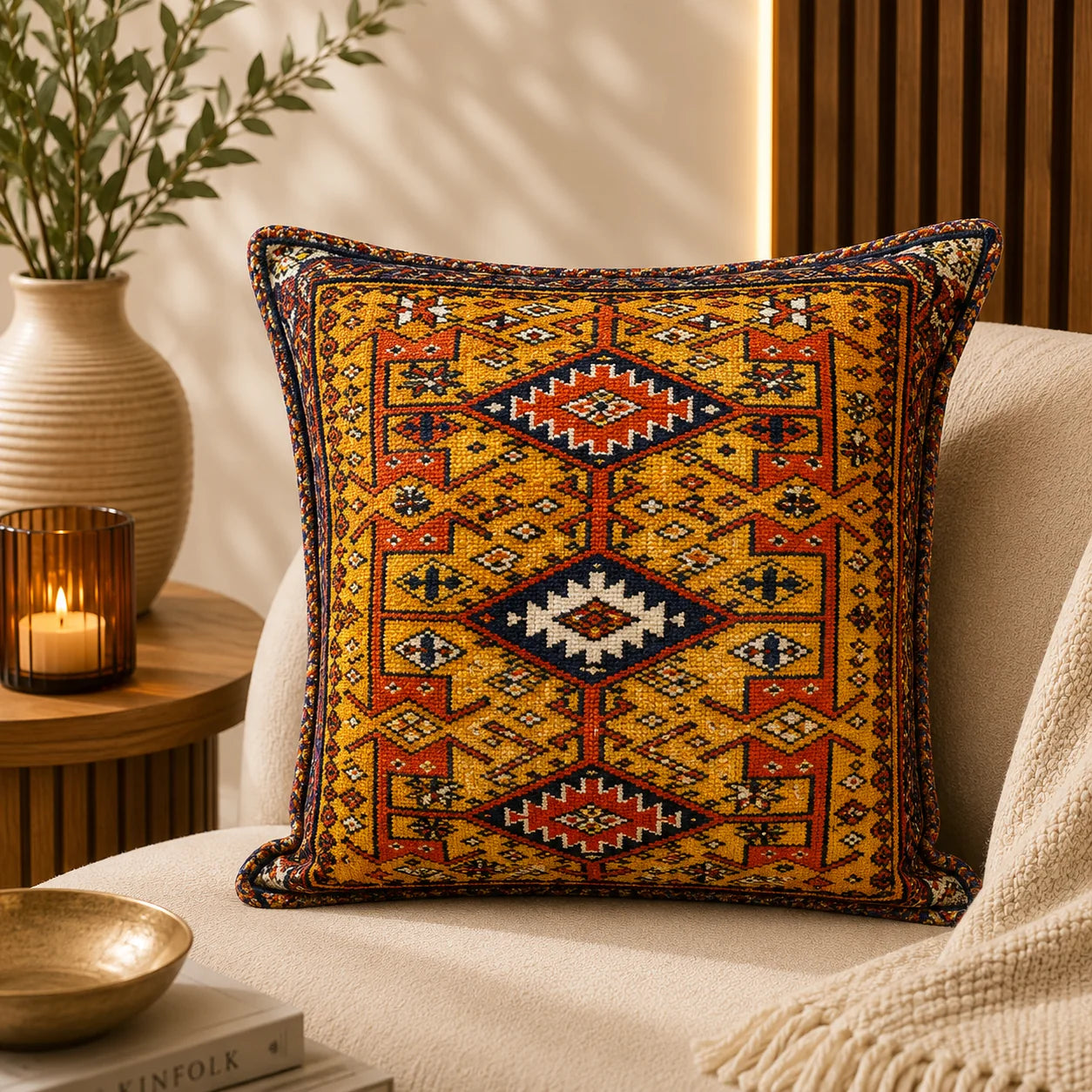 Almohadón de chenille con rombos escalonados tipo kilim en mostaza, terracota, azul marino y crema