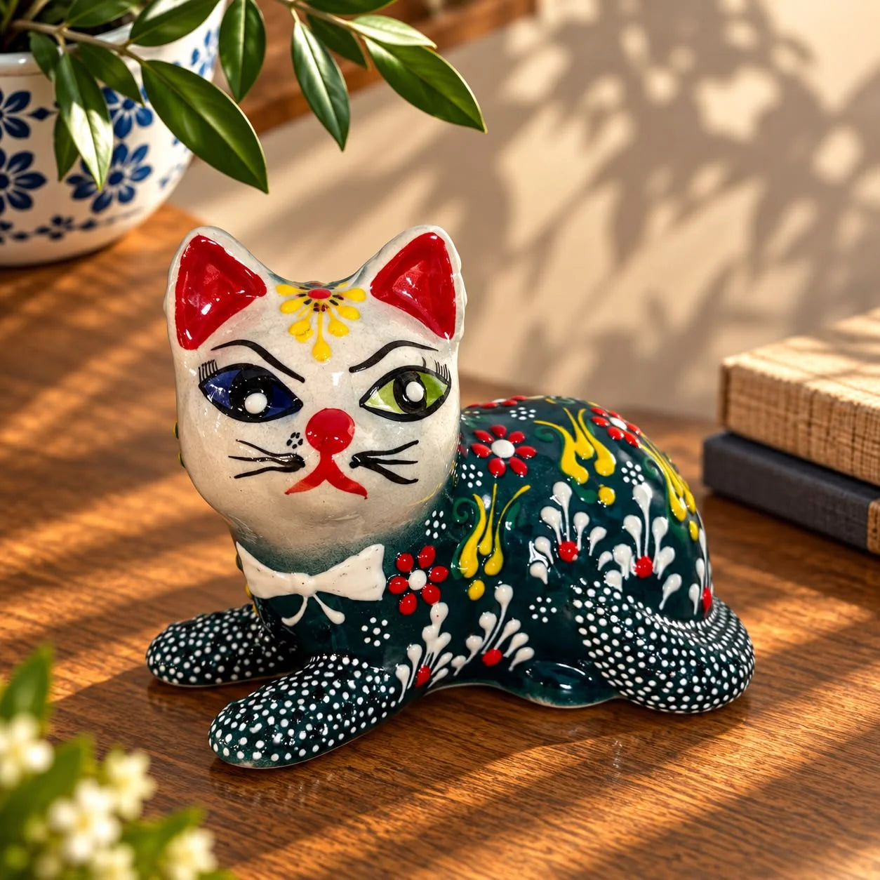 Figura de gato de cerámica recostado, cuerpo verde oscuro con lunares blancos y flores