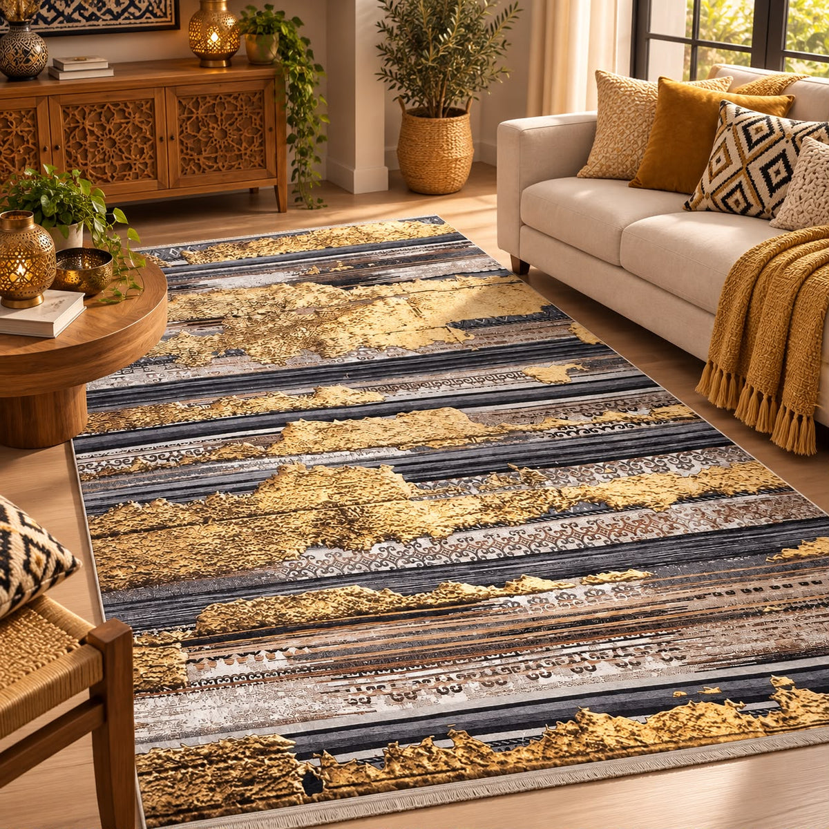 Alfombra de terciopelo Dorado y Gris 3x2 metros