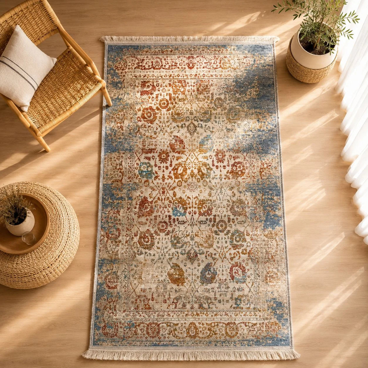 alfombra Aquaclean con diseño floral persa en terracota, dorado y azul