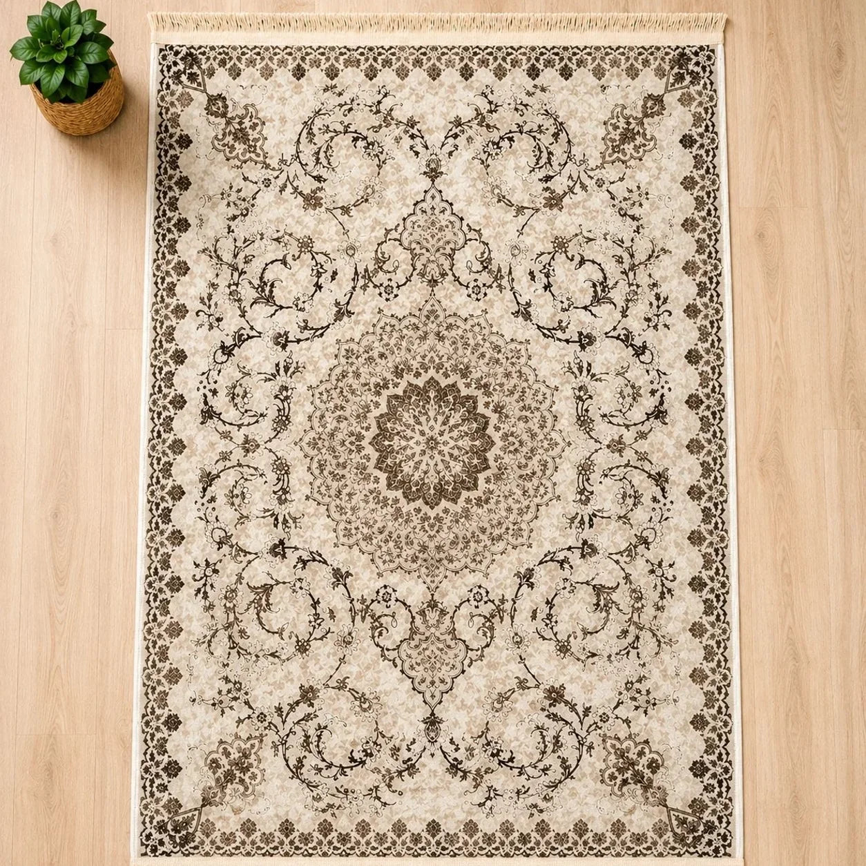 alfombra Boho con medallón floral persa clásico en beige y marrón
