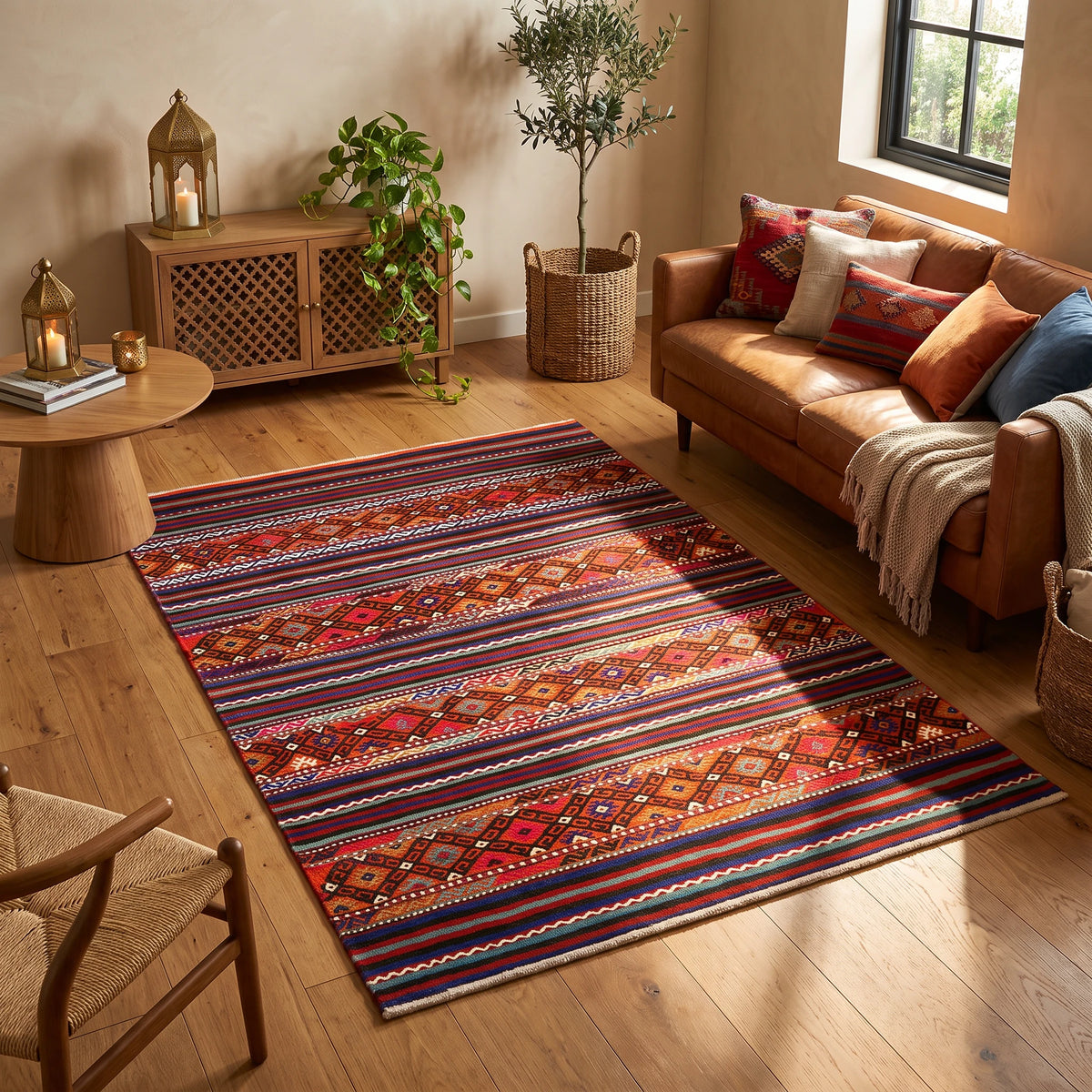 Alfombra de terciopelo con franjas kilim en cobre, rojo y azul marino, en un living cálido con sofá de cuero coñac, aparador de madera tallada y luz de tarde