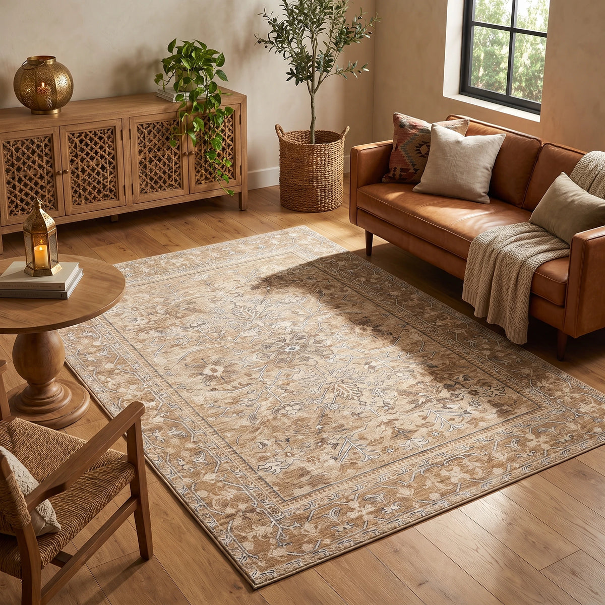 Alfombra de terciopelo con diseño persa vintage en tonos arena, beige y gris suave, en un living cálido con sofá de cuero coñac, aparador de madera tallada y luz de tarde