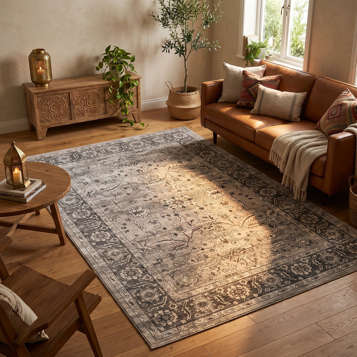 Alfombra de terciopelo con diseño persa vintage en gris claro con borde gris oscuro, en un living cálido con sofá de cuero coñac, aparador de madera tallada y luz de tarde