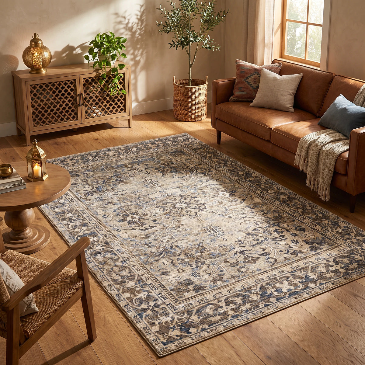 Alfombra de terciopelo con diseño persa vintage en beige y gris piedra con borde oscuro, en un living cálido con sofá de cuero coñac, aparador de madera tallada y luz de tarde
