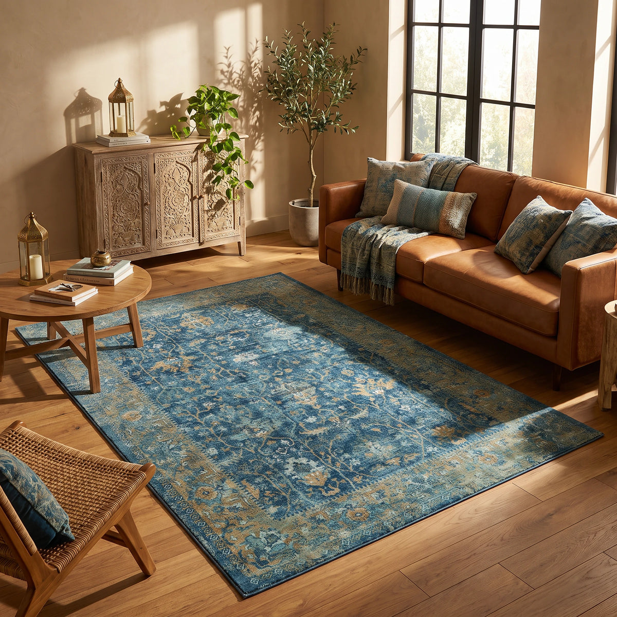 Alfombra de terciopelo con diseño persa vintage en azul y turquesa, en un living cálido con sofá de cuero coñac, aparador de madera tallada y luz de tarde