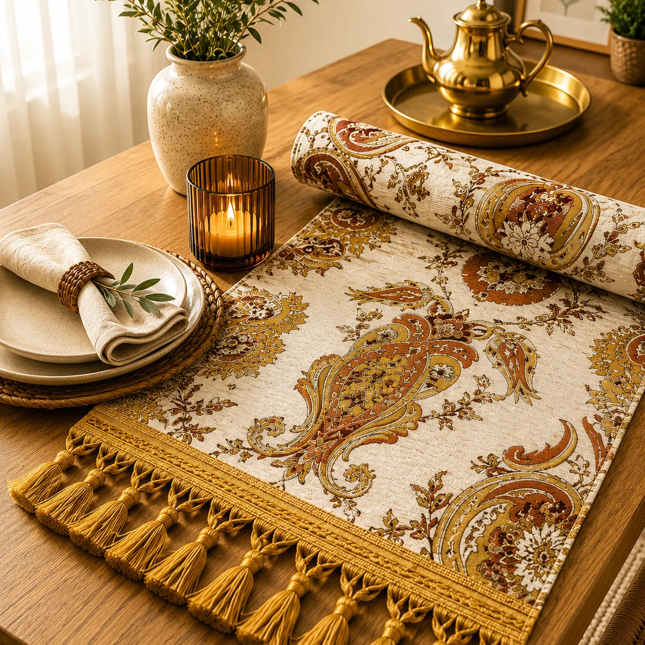 Camino de mesa turco con estampado paisley floral en terracota y dorado sobre fondo blanco marfil, rematado con borlas doradas en los extremos.
