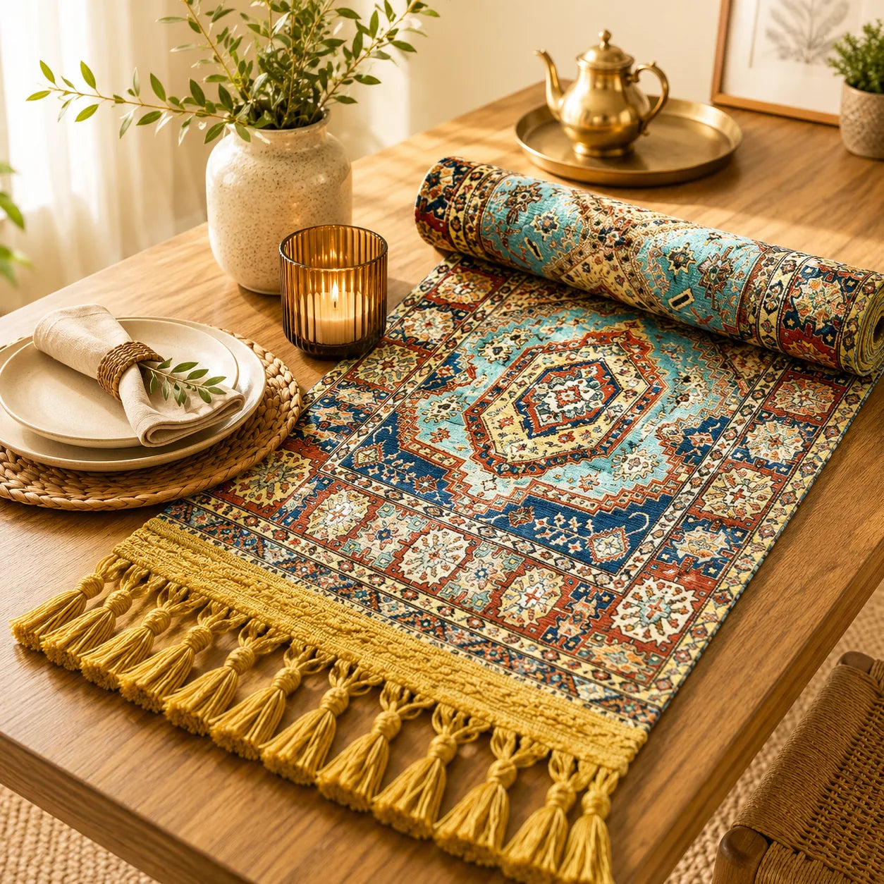 Camino de mesa turco con medallón hexagonal turquesa sobre fondo azul marino, bordes en terracota y crema con motivos florales, flecos mostaza.