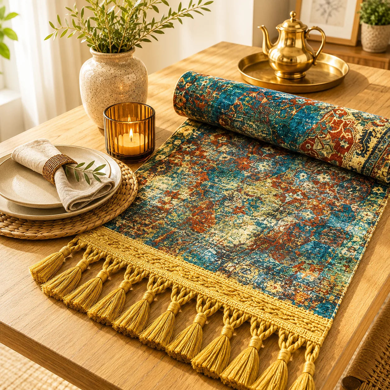 Camino de mesa turco con estampado abstracto floral en terracota y azul petróleo, efecto de alfombra envejecida, flecos mostaza.