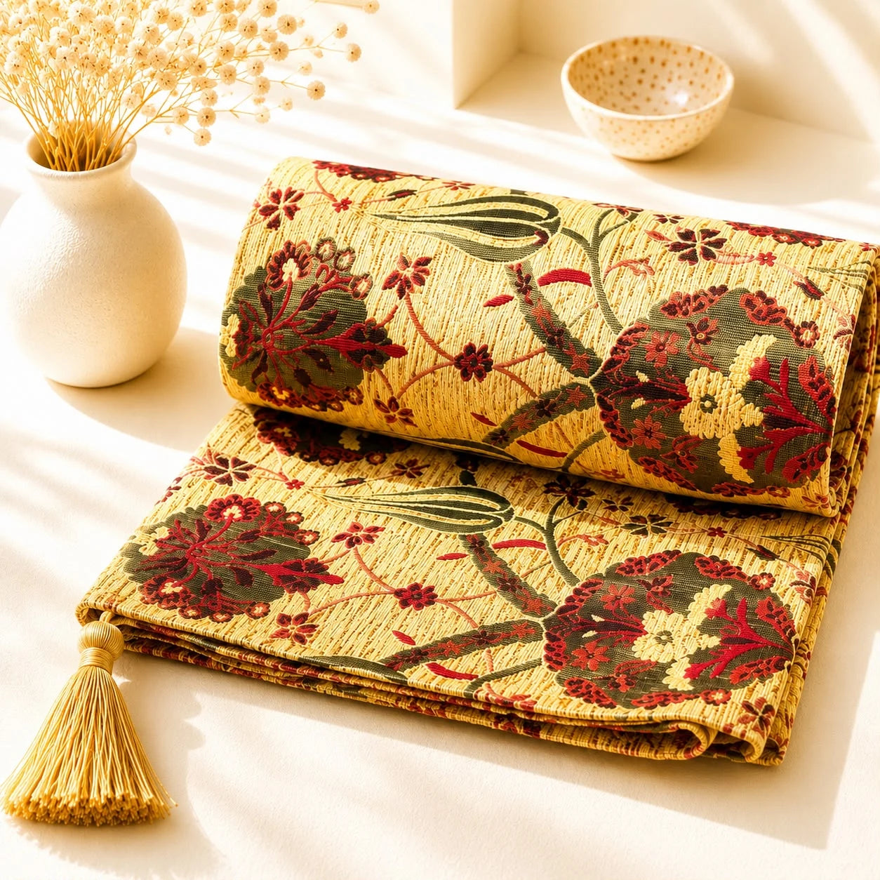 Mantón Royal Tulip dorado; Mantón Royal Tulip dorado con motivos textiles visibles y terminación decorativa