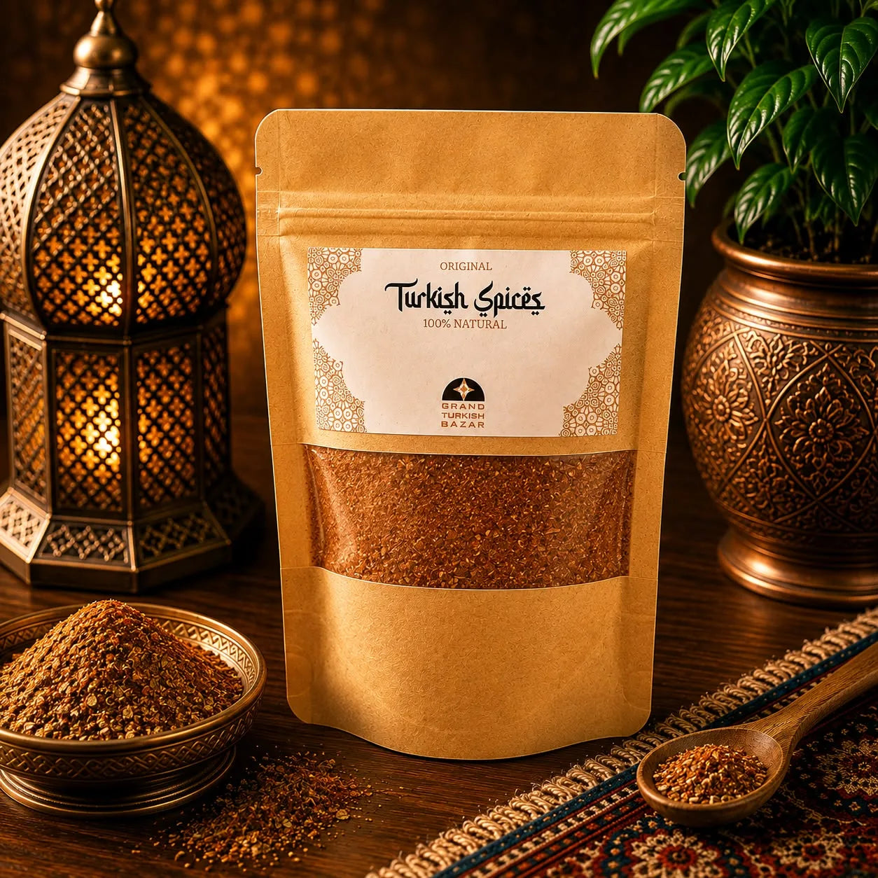Especia turca Tandoori en bolsa kraft con ventana, con un cuenco de la mezcla junto a un candil turco