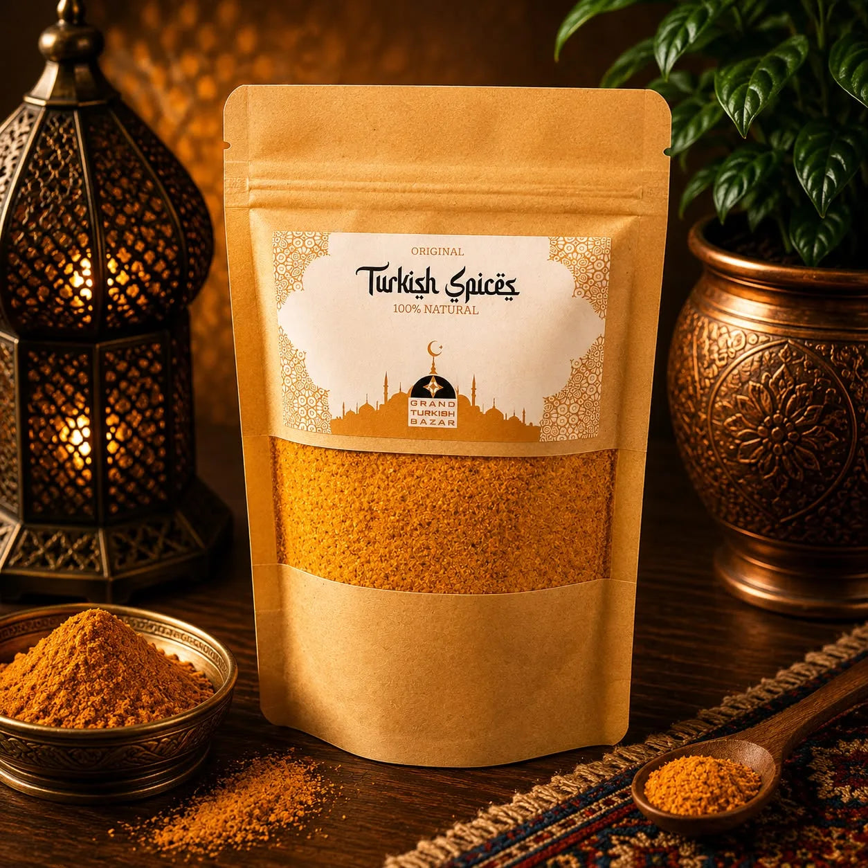 Especia turca Turkish Curry en bolsa kraft con ventana, con un cuenco de la mezcla junto a un candil turco