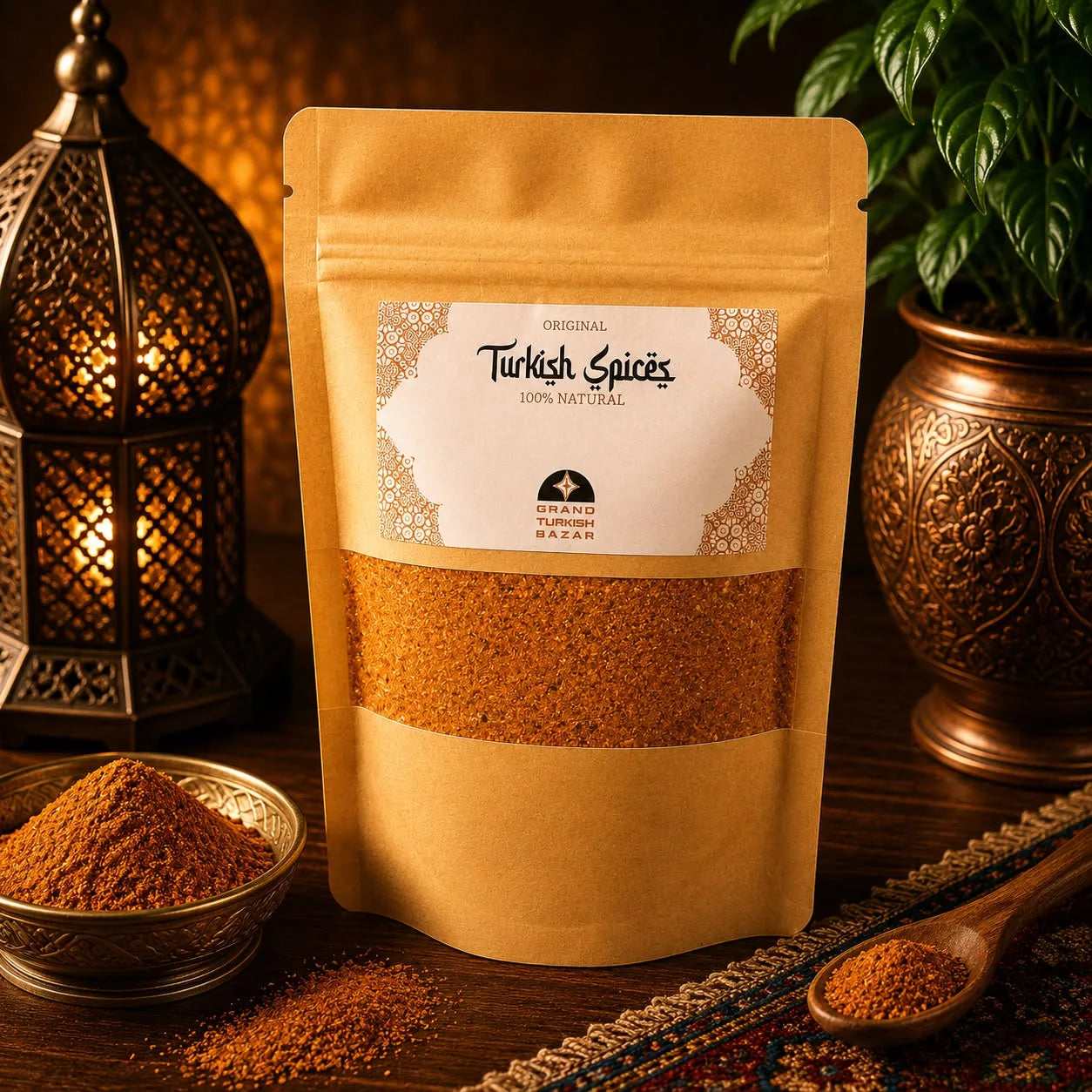 Especia turca Turkish Spices en bolsa kraft con ventana, con un cuenco de la mezcla junto a un candil turco
