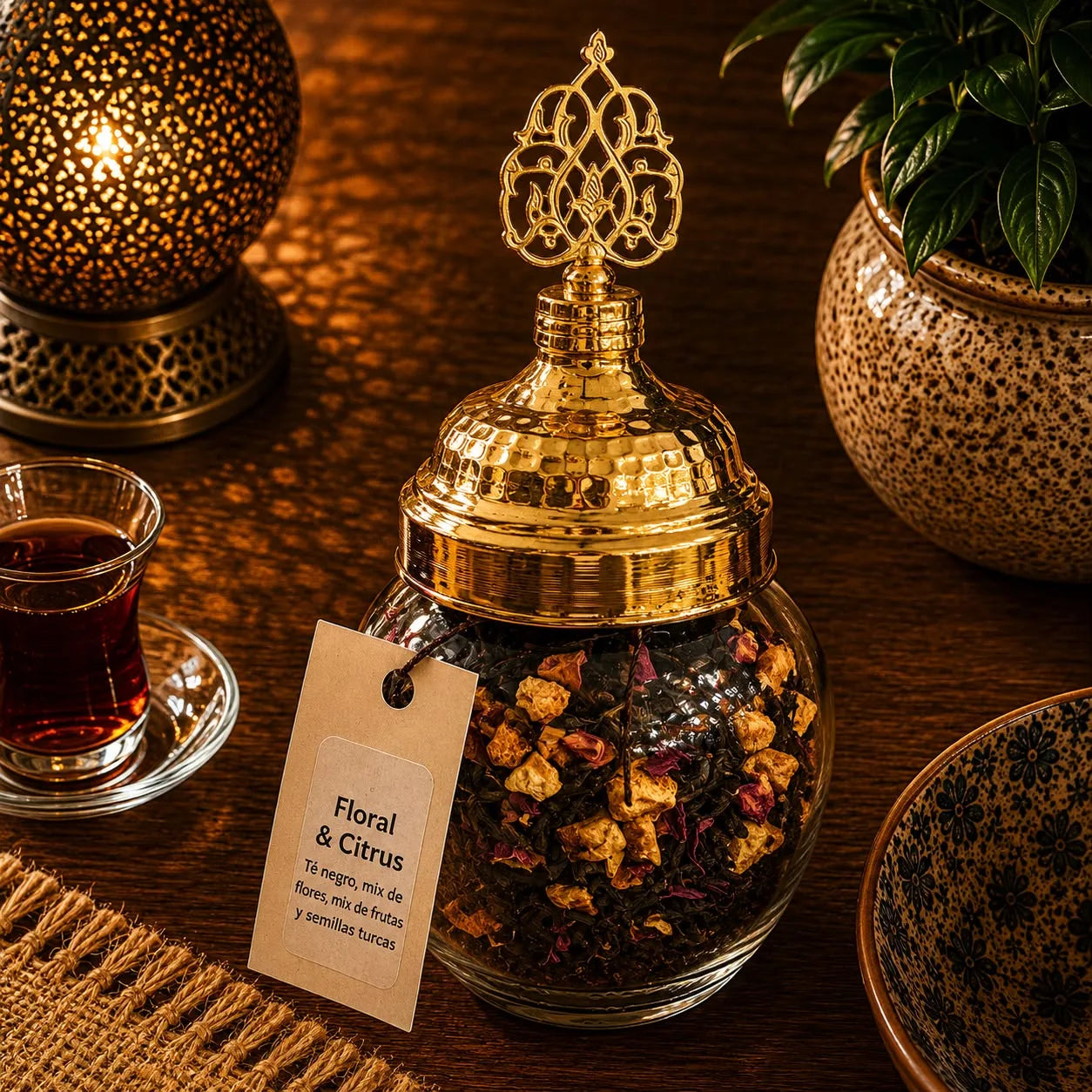 Blend de té turco Floral & Citrus a granel en frasco de vidrio, hojas e ingredientes visibles