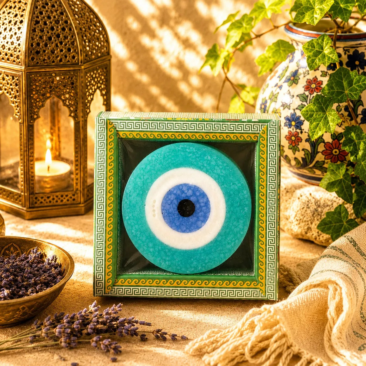 Jabón artesanal con forma de ojo turco, aroma Apple, sobre un marco decorativo con motivos otomanos