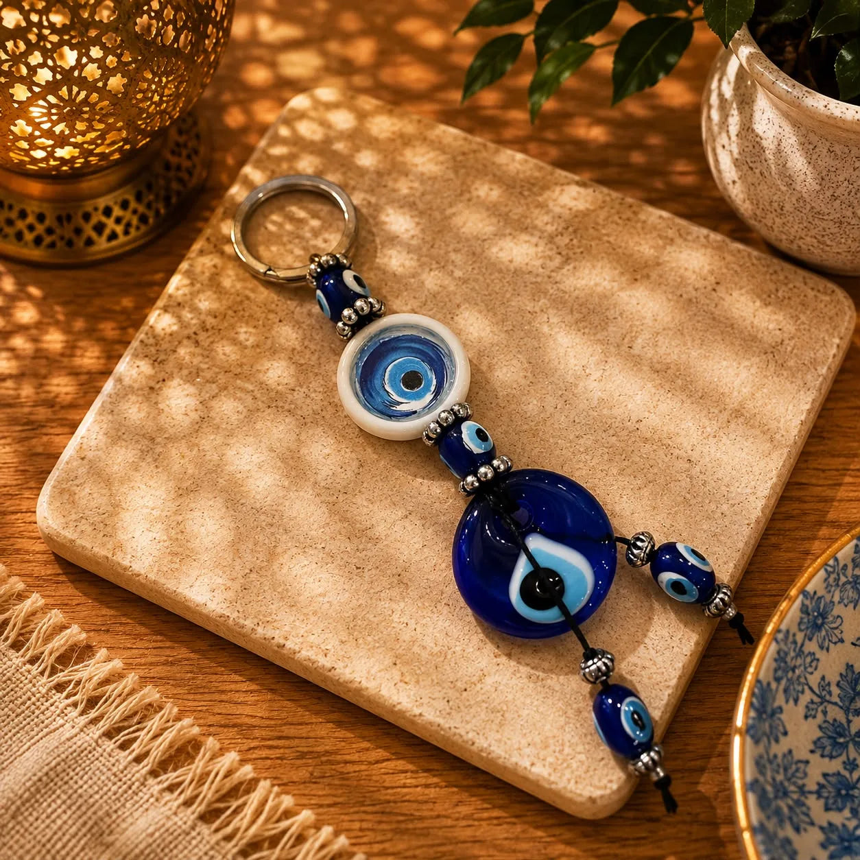 Llavero Ojo Turco Blanco: Cuenta blanca con ojo pintado y un ojo turco azul de gran tamaño en la base.