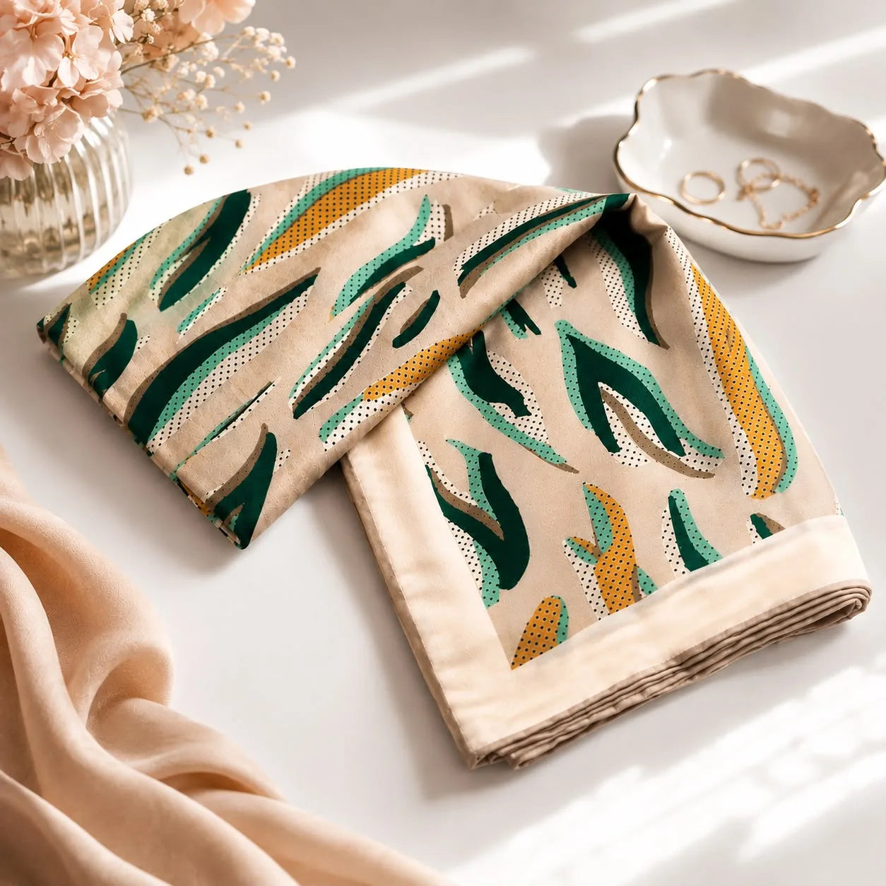 Pañuelo de seda turco con hojas abstractas verdes y mostaza sobre fondo beige