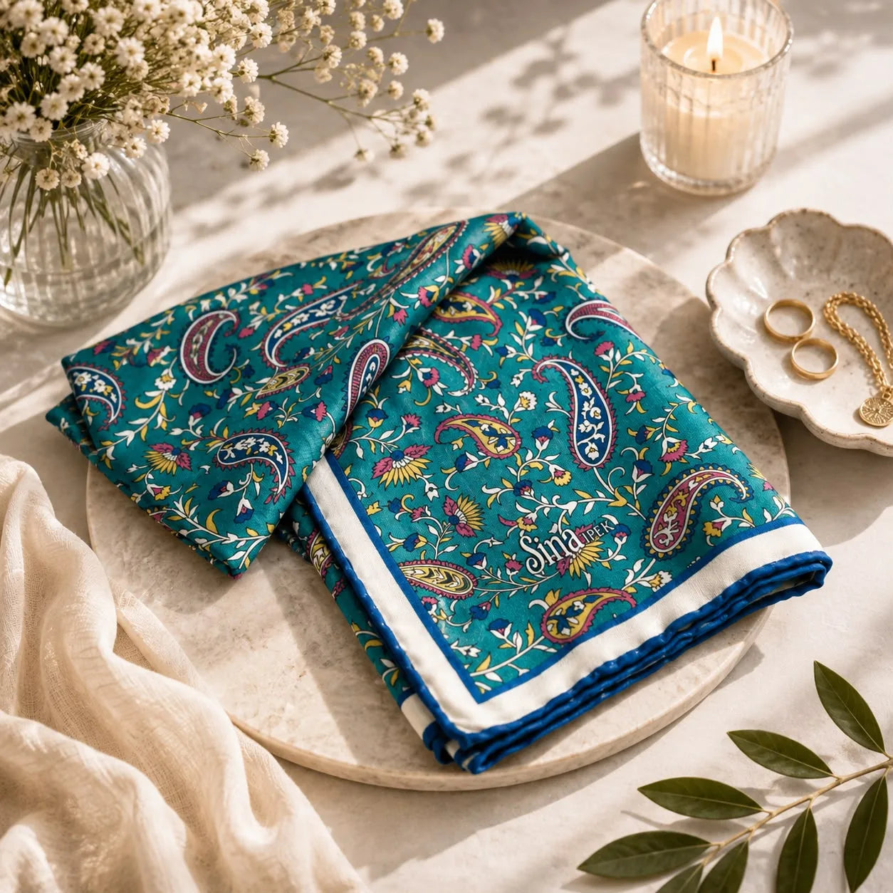 Pañuelo de seda turco con estampado paisley floral sobre fondo turquesa