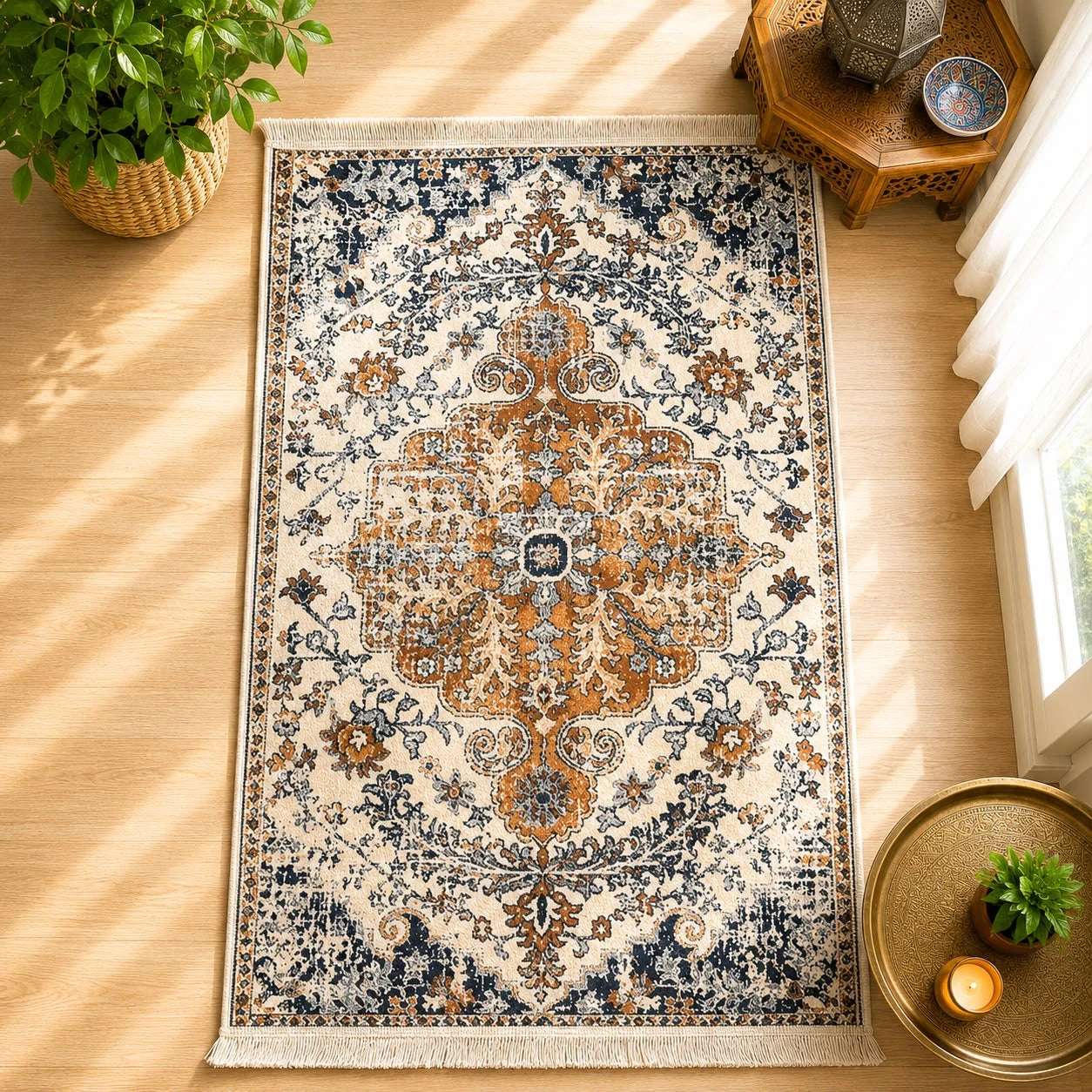 Alfombra de terciopelo floral crema; Alfombra de terciopelo floral crema con un diseño visible que aporta un acento decorativo al ambiente