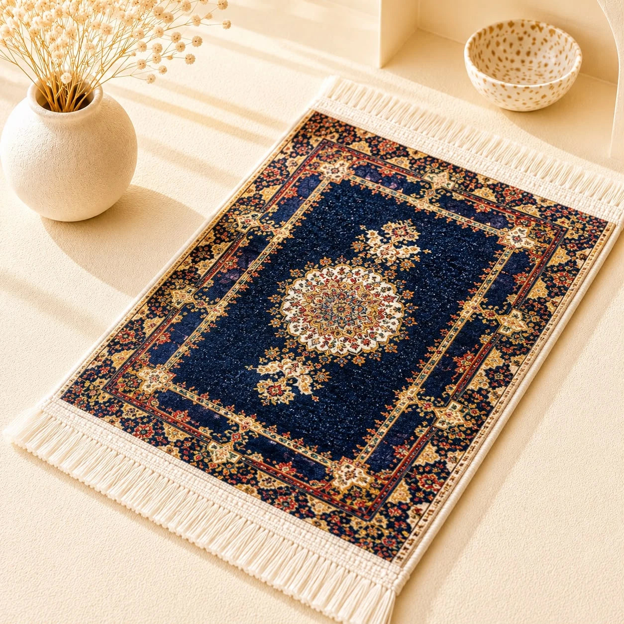 Carpeta de terciopelo medallón azul; Carpeta de terciopelo medallón azul con motivos textiles visibles y terminación decorativa