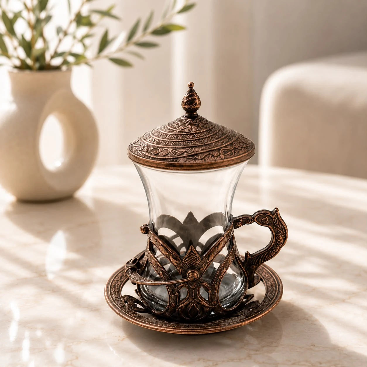 Taza de vidrio con porta taza de cobre; Taza de vidrio con porta taza de cobre con detalles visibles que realzan su presencia en la mesa o el hogar