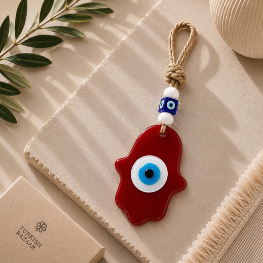 Mano de Fátima Roja; Mano de Fátima Roja como pieza decorativa de inspiración turca, con detalles visibles en su diseño