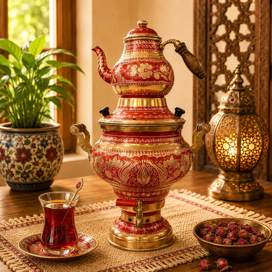 Samovar Labrado Rojo; Samovar Labrado Rojo como pieza decorativa de inspiración turca, con detalles visibles en su diseño