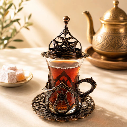 Taza de té con porta taza de cobre; Taza de té con porta taza de cobre con detalles visibles que realzan su presencia en la mesa o el hogar