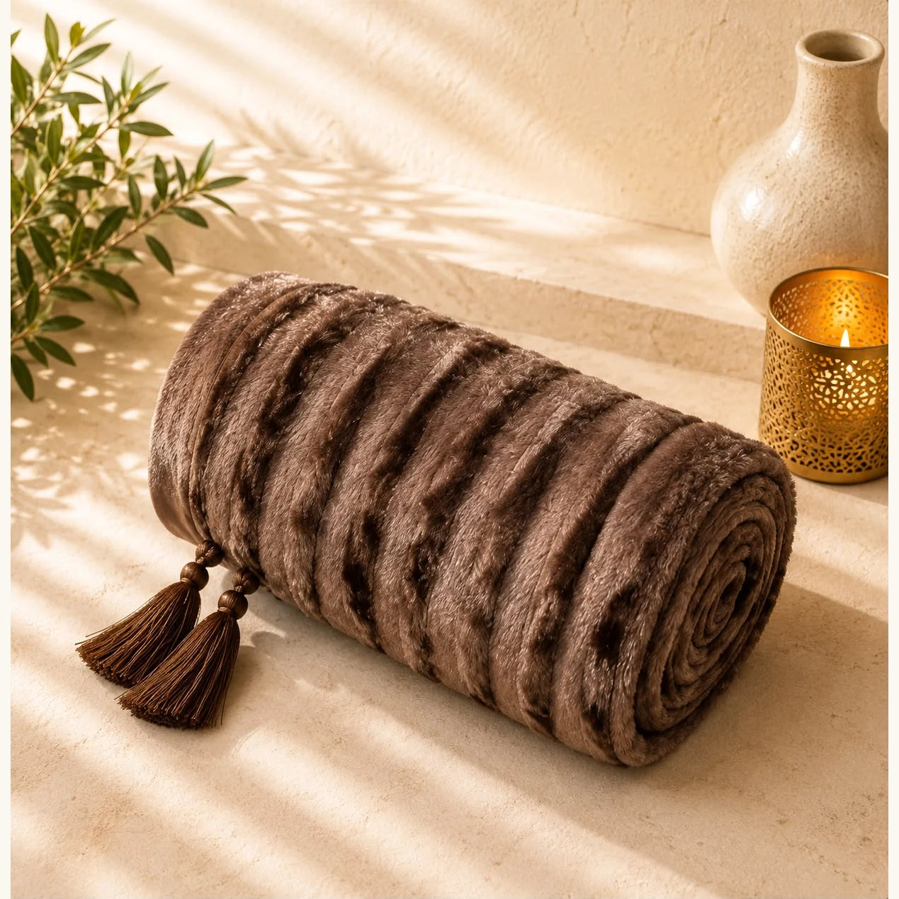 Mantón Visón chocolate; Mantón Visón chocolate con motivos textiles visibles y terminación decorativa