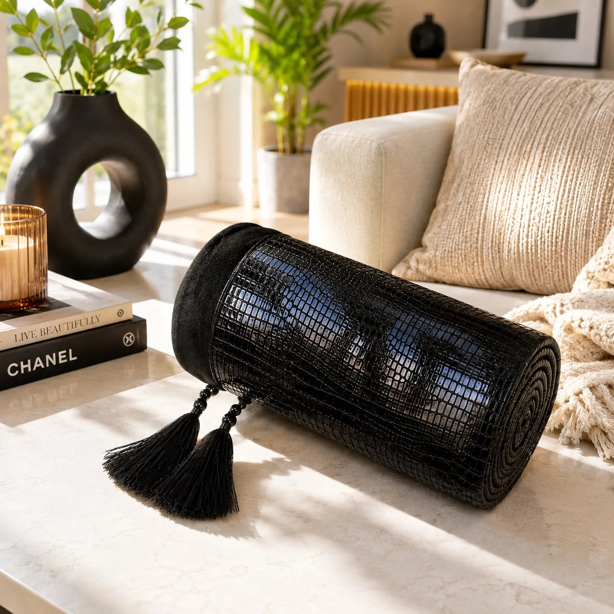 Mantón Línea África negro; Mantón Línea África negro con motivos textiles visibles y terminación decorativa
