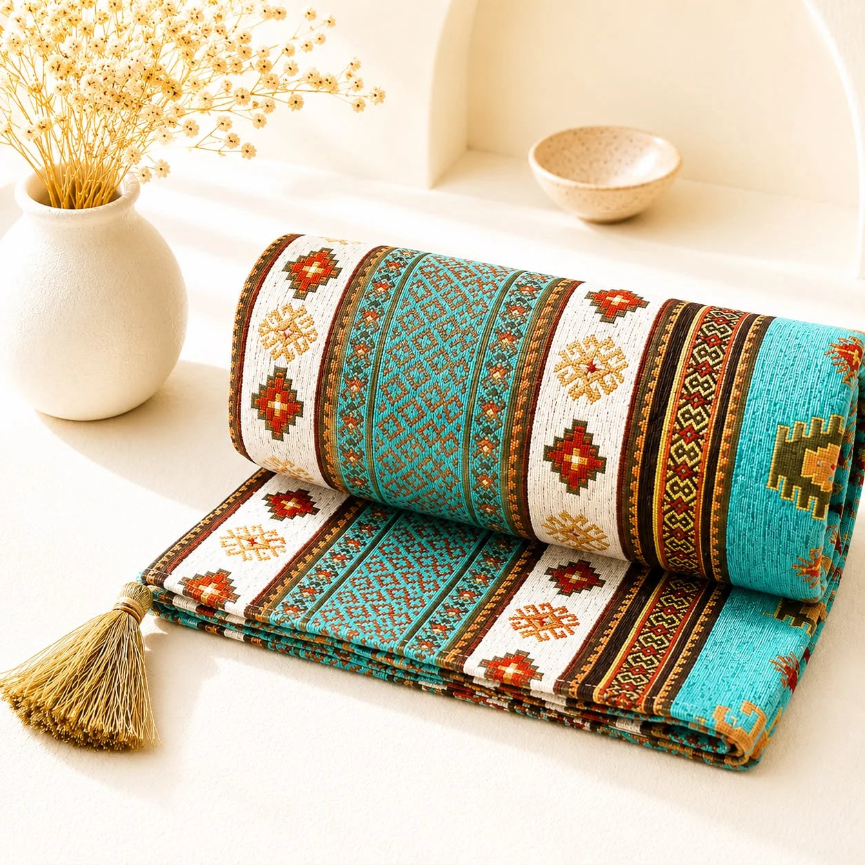 Mantón Bursa Turquesa; Mantón Bursa Turquesa con motivos textiles visibles y terminación decorativa