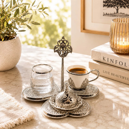 Set de café trio plateado; Set de café trio plateado con detalles visibles que realzan su presencia en la mesa o el hogar