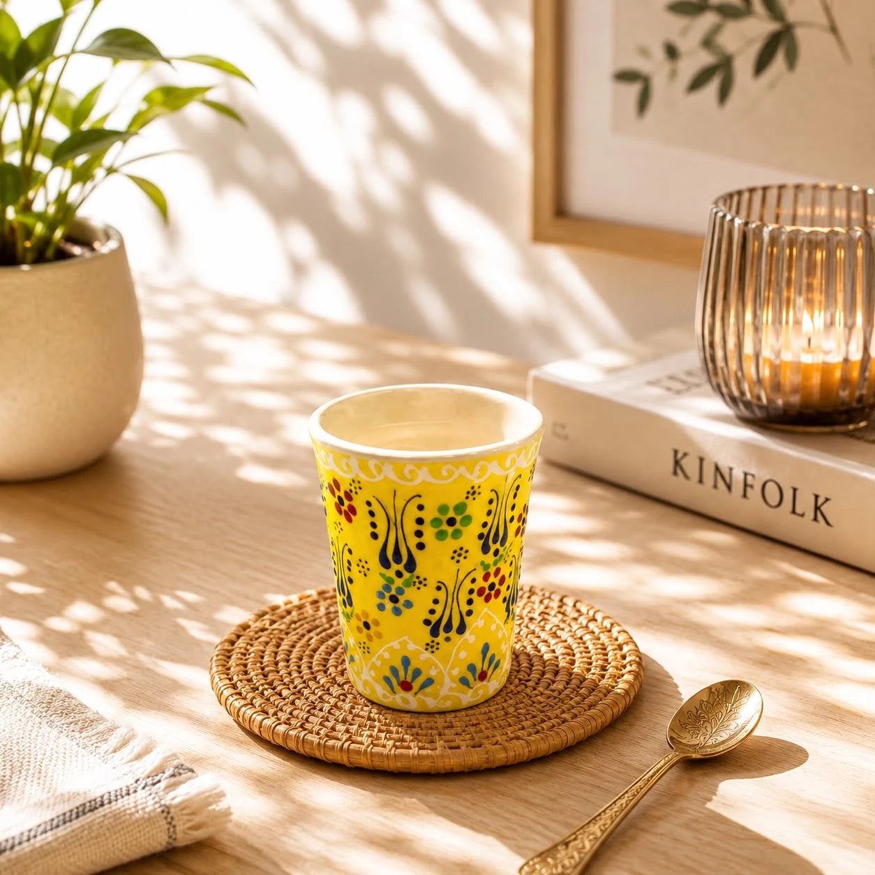 Taza Cerámica Pintada a Mano Amarilla; Taza Cerámica Pintada a Mano Amarilla con detalles visibles que realzan su presencia en la mesa o el hogar