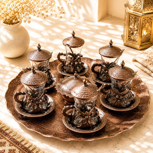 Juego de té Cobre Completo; Juego de té Cobre Completo con detalles visibles que realzan su presencia en la mesa o el hogar