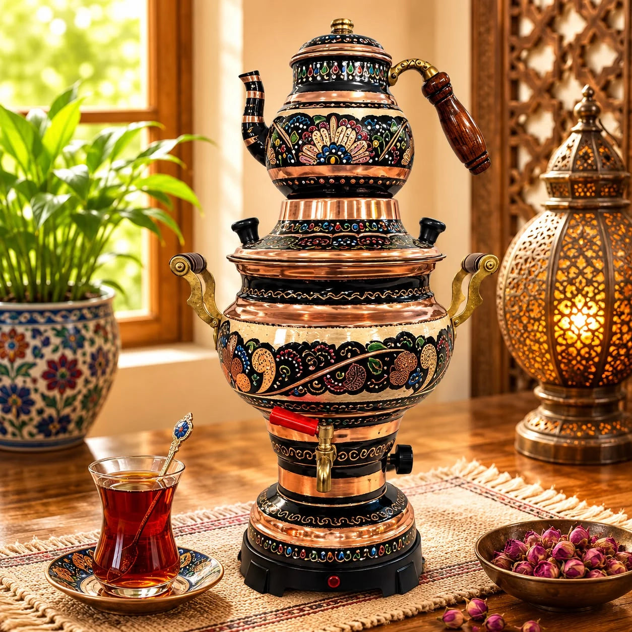 Samovar Labrado Negro; Samovar Labrado Negro con terminación decorativa visible para preparar o servir infusiones