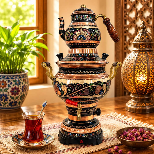 Samovar Labrado Negro; Samovar Labrado Negro con terminación decorativa visible para preparar o servir infusiones