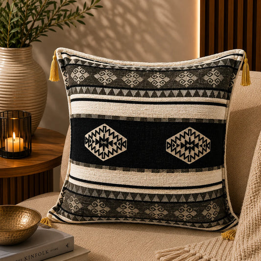 Almohadón turco tipo kilim geométrico en blanco y negro con rombos y franjas escalonadas, con borlas