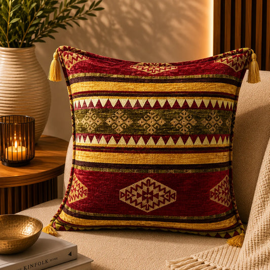 Almohadón turco tipo kilim con franjas en granate, mostaza y oliva, con triángulos y estrellas
