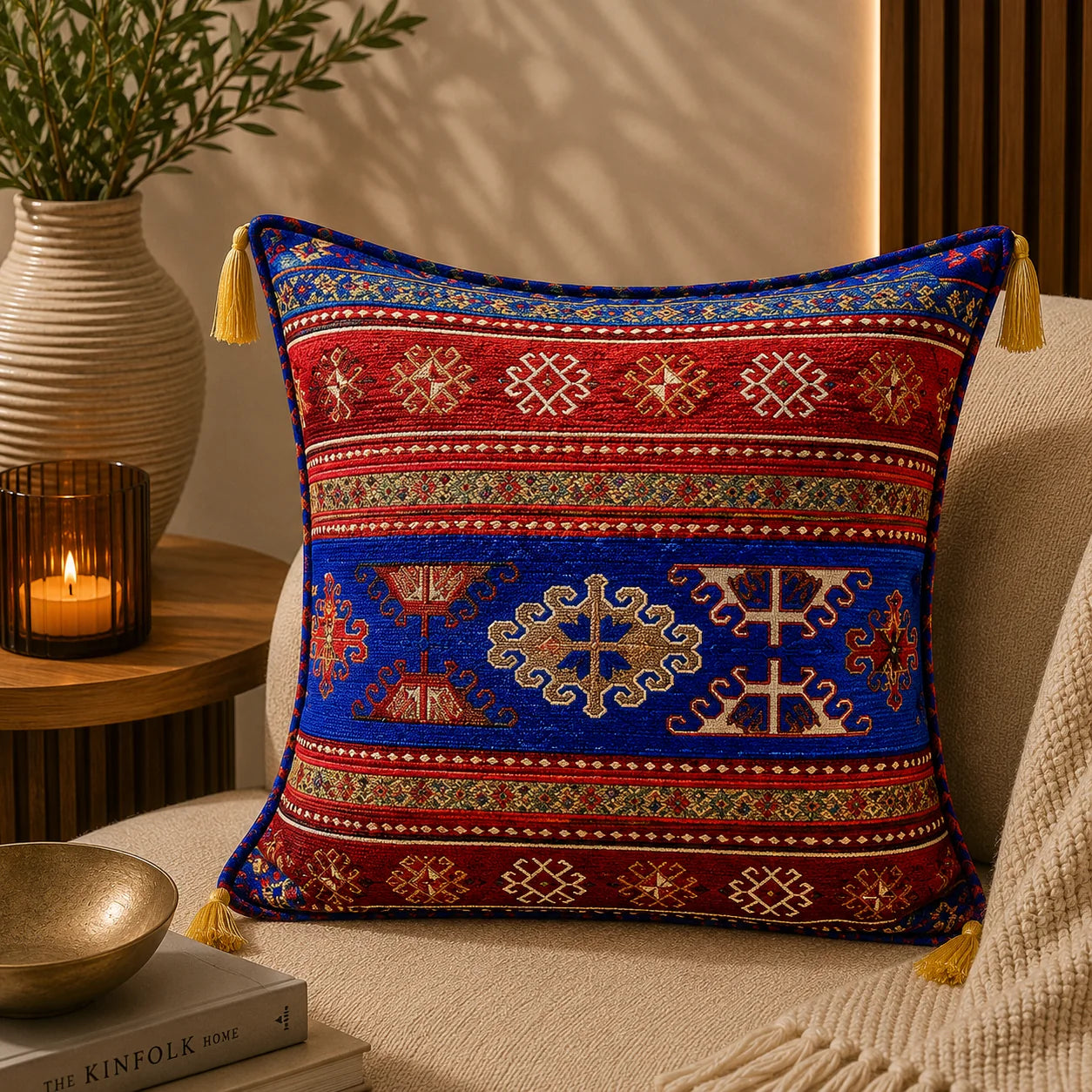Almohadón turco tipo kilim con franjas en rojo y azul, medallones geométricos y guardas en oliva