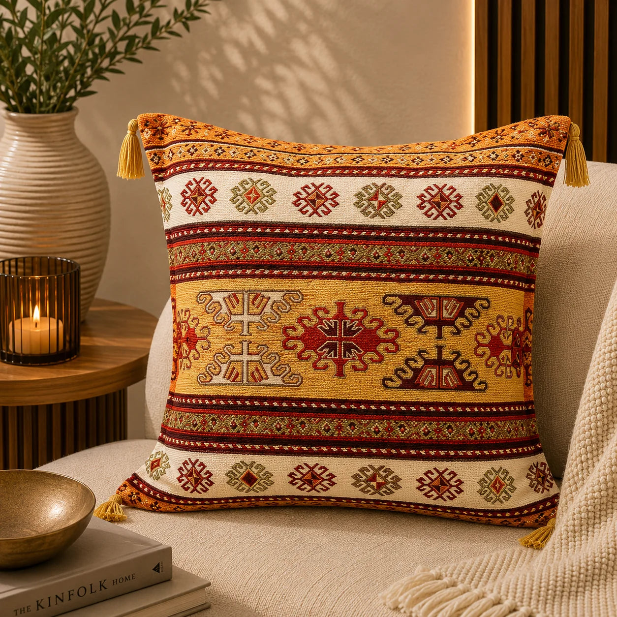 Almohadón turco tipo kilim con franjas y estrellas geométricas en granate y oliva sobre naranja y dorado