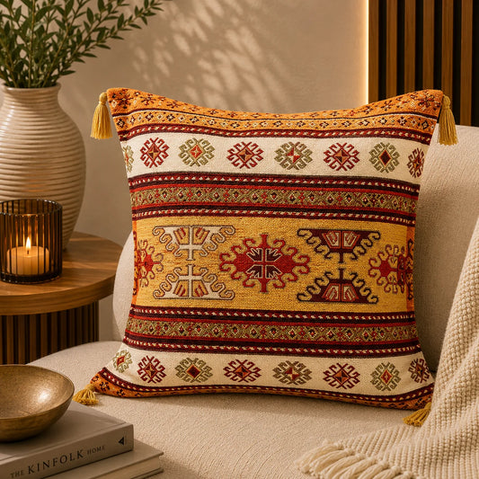 Almohadón turco tipo kilim con franjas y estrellas geométricas en granate y oliva sobre naranja y dorado