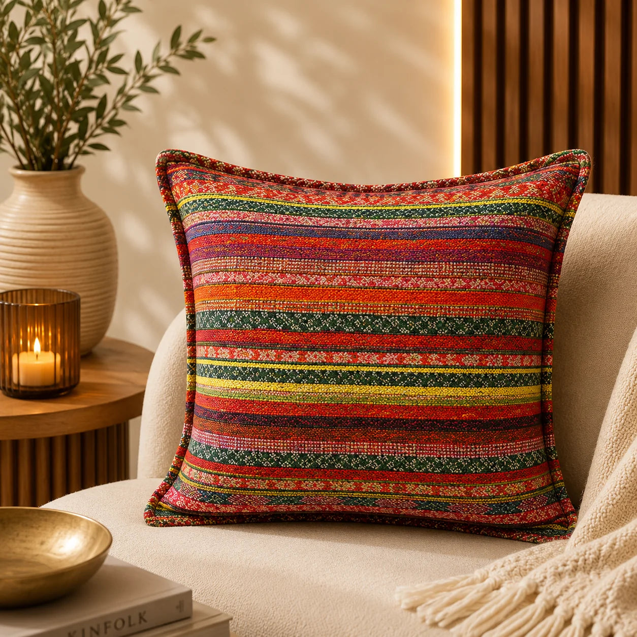 Almohadón de chenille con rayas horizontales tipo kilim en rojo, verde, amarillo y naranja