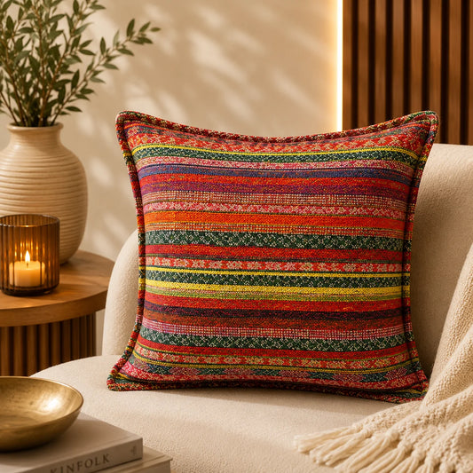 Almohadón de chenille con rayas horizontales tipo kilim en rojo, verde, amarillo y naranja