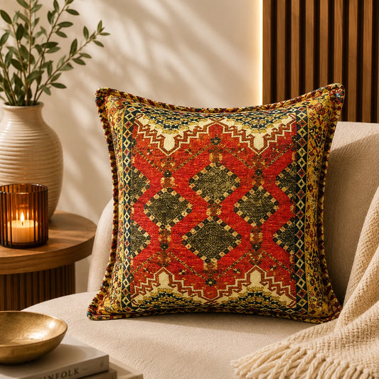 Almohadón de chenille con rombos geométricos anatolios en rojo, oliva y amarillo, con borde tramado