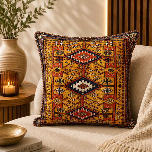 Almohadón de chenille con rombos escalonados tipo kilim en mostaza, terracota, azul marino y crema