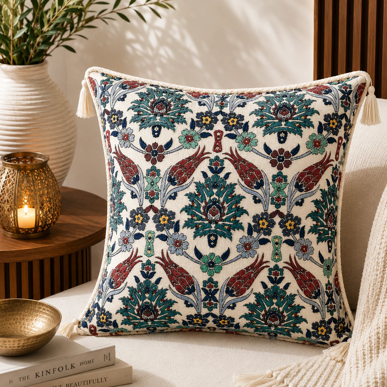 Almohadón con estampado botánico imperial intrincado de claveles y tulipanes en turquesa y borgoña sobre fondo marfil, con borlas crema en las esquinas