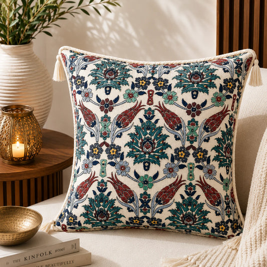 Almohadón con estampado botánico imperial intrincado de claveles y tulipanes en turquesa y borgoña sobre fondo marfil, con borlas crema en las esquinas