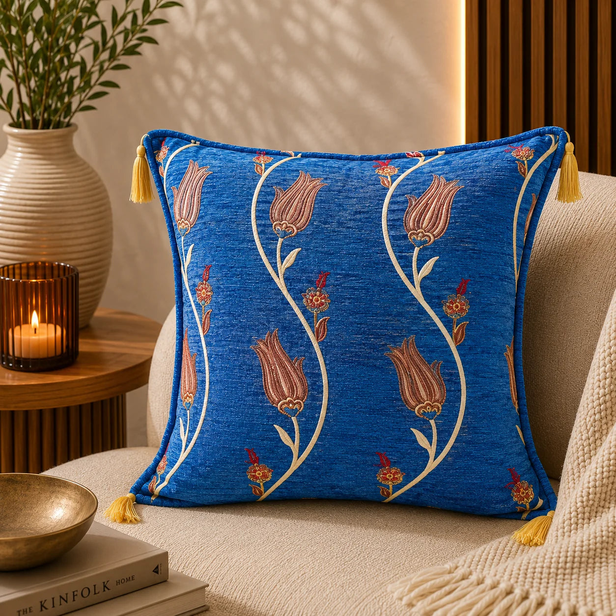 Almohadón turco con tulipanes en terracota sobre tallos crema serpenteantes, en fondo azul cobalto, con borlas
