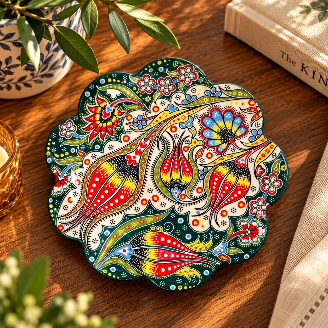 Apoya fuente floral verde oscuro y crema con grandes tulipanes rojos, amarillos y flores azules